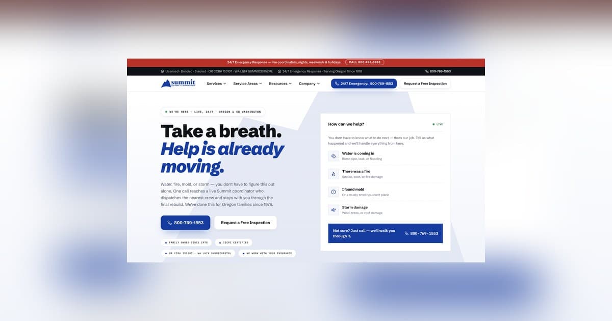 Summit Cleaning & Restoration startet redesignte Website rechtzeitig zur nassen Jahreszeit in Oregon